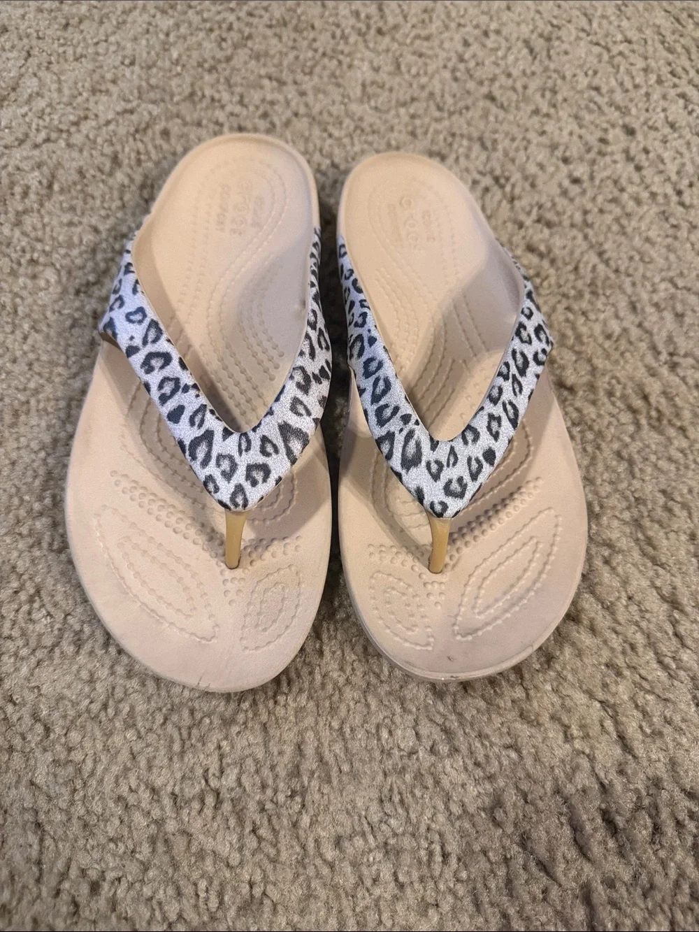 CROCS Kids Beige Flip Flops with Black & White Leopard Straps